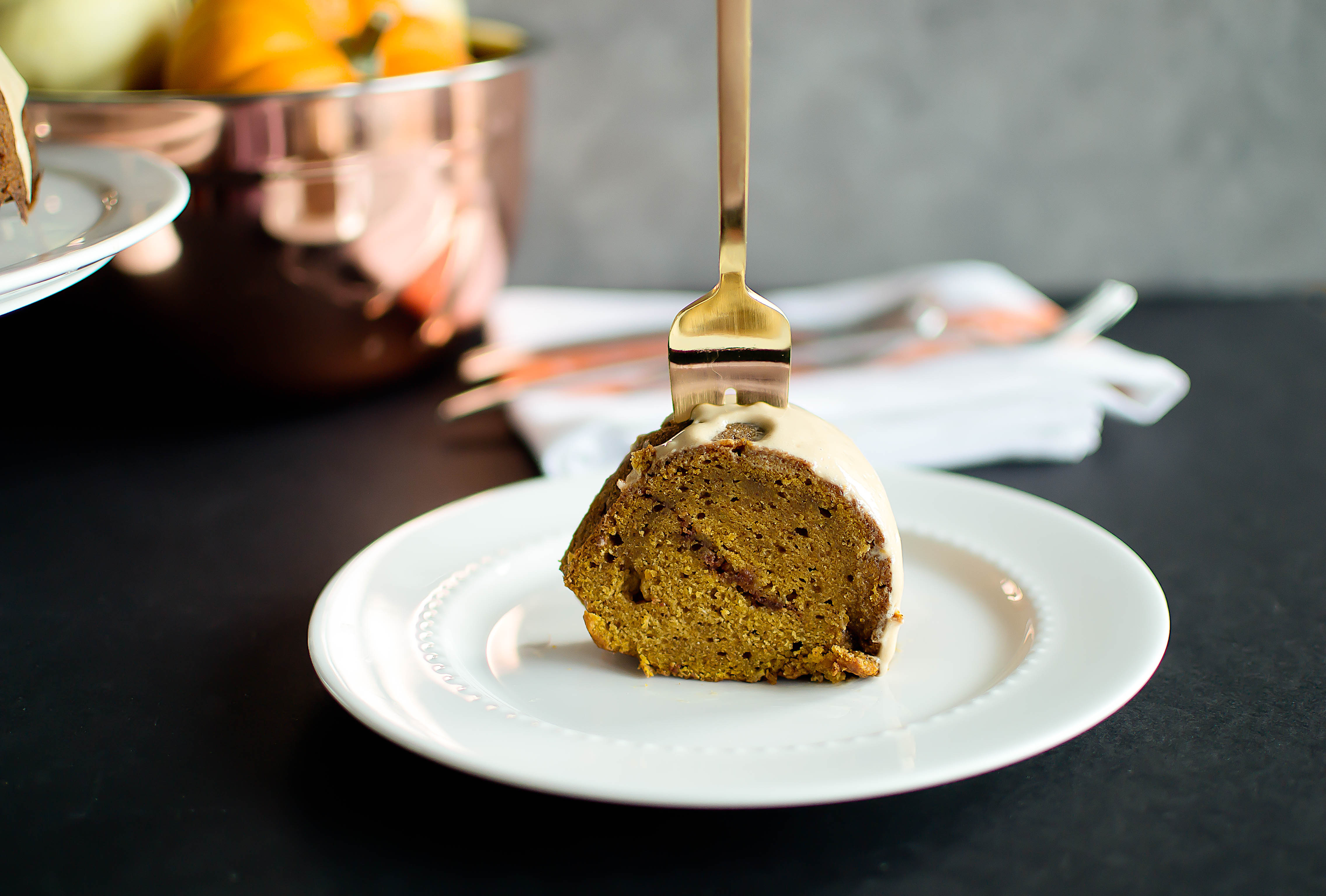 Cinnamon Swirl Pumpkin Bundt Cake With Coffee Icing - Food & Flair